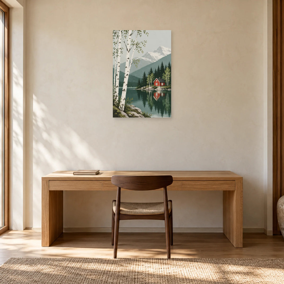 Affiche scandinave Cabane rouge et bouleaux dans un bureau - Art Virtuoso