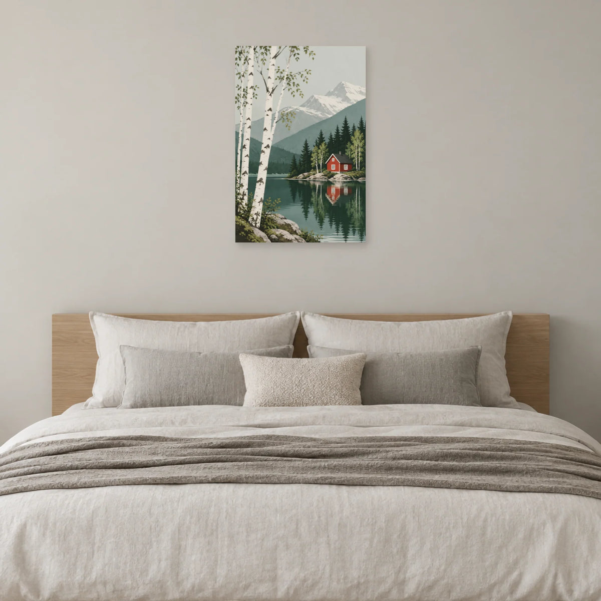 Affiche scandinave Cabane rouge et bouleaux dans une chambre - Art Virtuoso