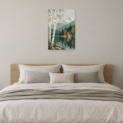 Affiche scandinave Cabane rouge et bouleaux dans une chambre - Art Virtuoso