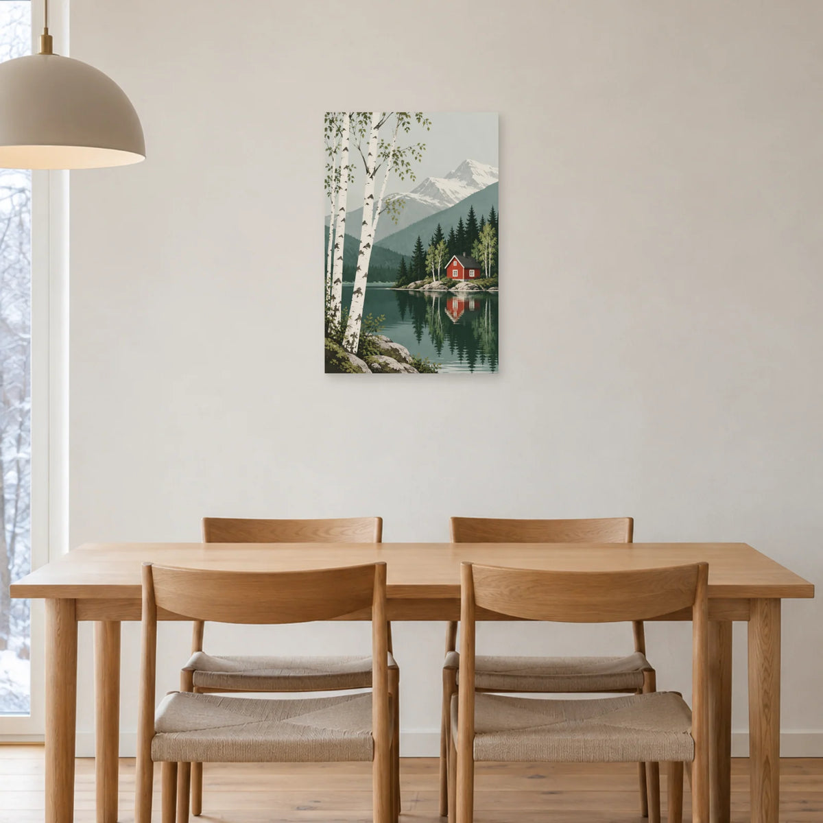 Affiche scandinave Cabane rouge et bouleaux dans une salle à manger - Art Virtuoso