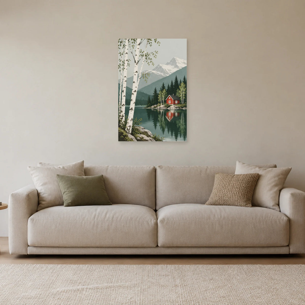 Affiche scandinave Cabane rouge et bouleaux dans un salon - Art Virtuoso