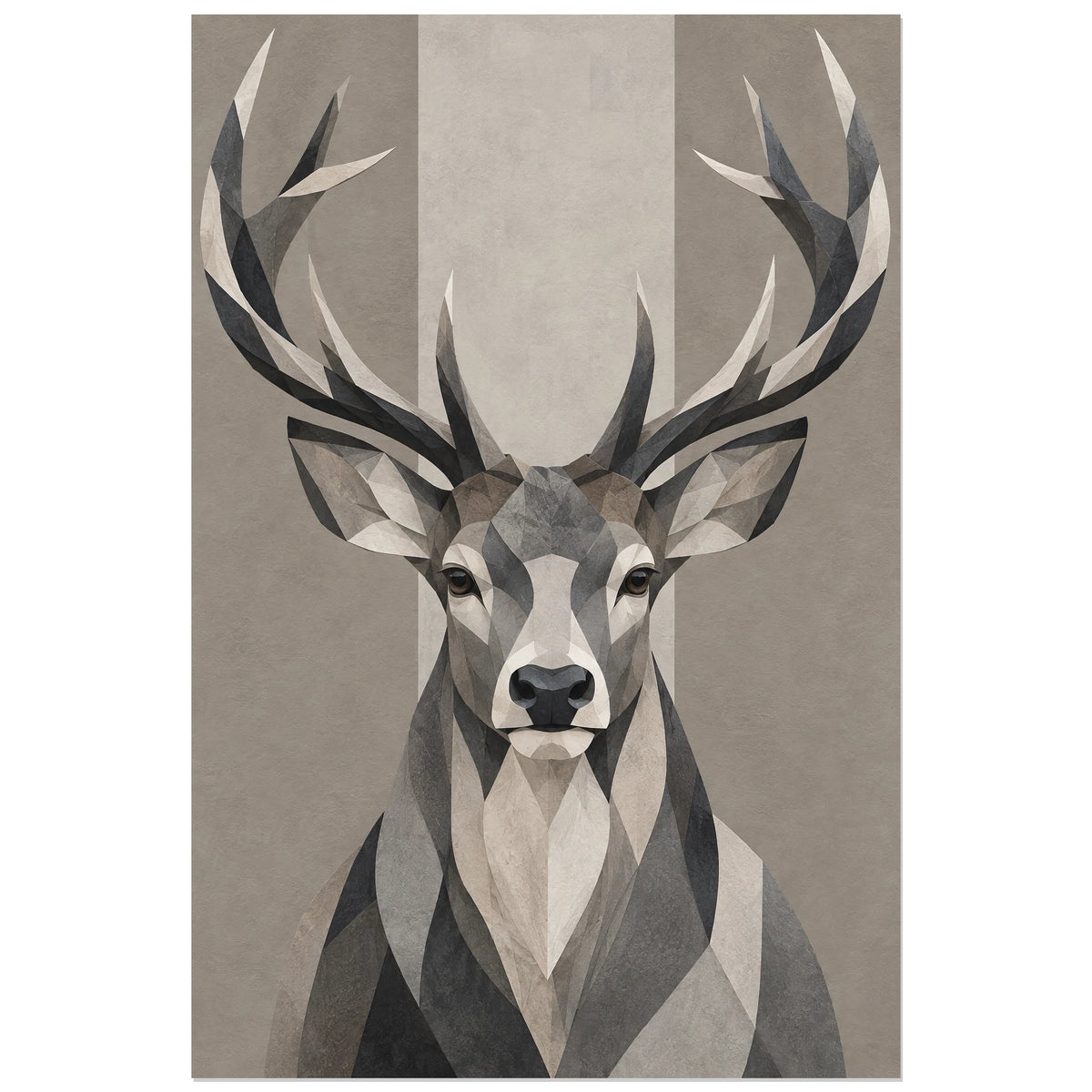 Affiche scandinave Cerf en facettes noir et blanc, illustration géométrique / facettes de papier verticale, format 40 × 60 cm