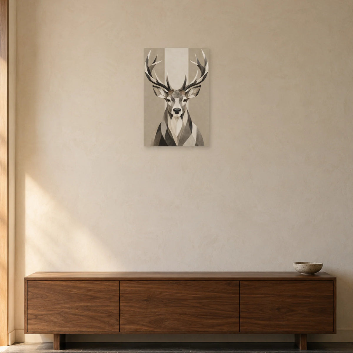 Affiche scandinave Cerf en facettes noir et blanc dans une entrée ou un couloir - Art Virtuoso