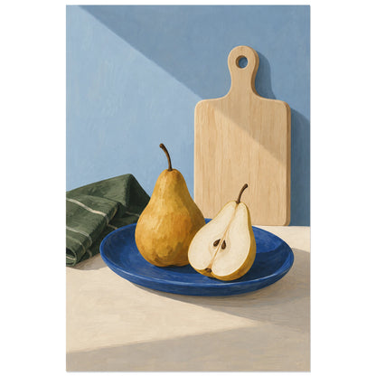Affiche scandinave Cuisine à la poire et à la planche, nature morte peinte / gouache illustrative verticale, format 30 × 45 cm