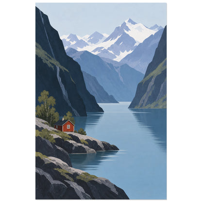 Affiche scandinave Fjord en strates bleues, paysage illustré / graphisme nordique verticale, format 40 × 60 cm