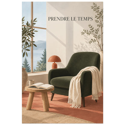 Affiche scandinave Lecture prendre le temps, illustration peinte / scène d'intérieur verticale, format 30 × 45 cm