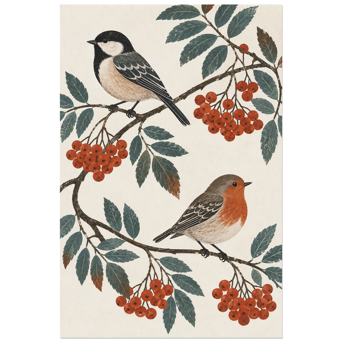 Affiche scandinave Oiseaux folk et baies de sorbier, illustration folk / rendu linogravure verticale, format 40 × 60 cm