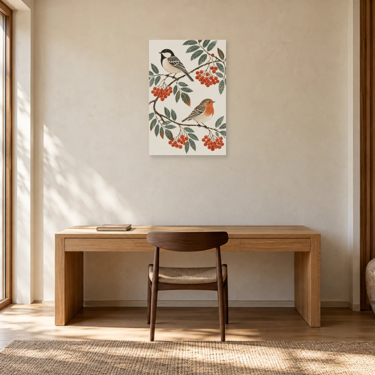 Affiche scandinave Oiseaux folk et baies de sorbier dans un bureau - Art Virtuoso