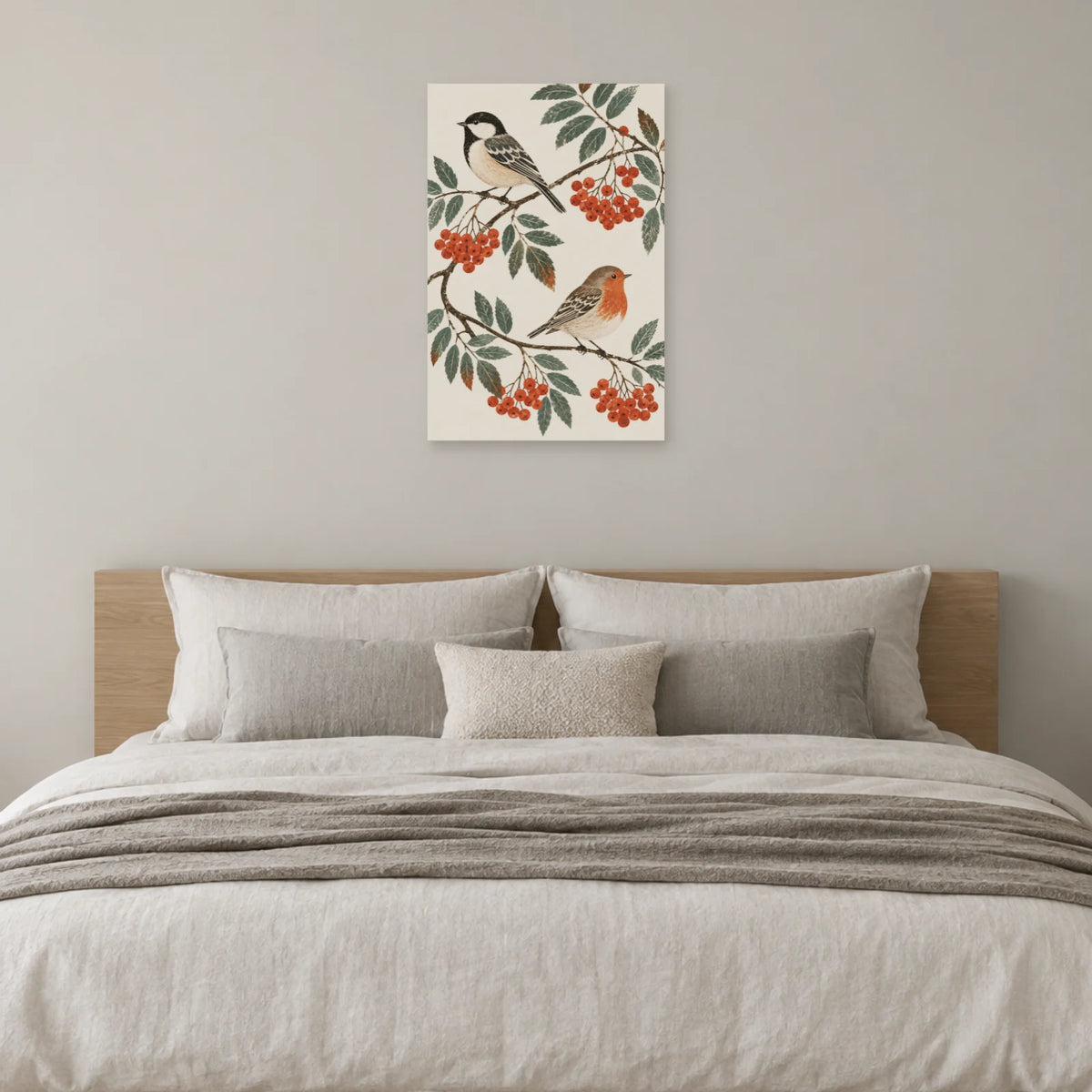 Affiche scandinave Oiseaux folk et baies de sorbier dans une chambre - Art Virtuoso