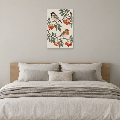 Affiche scandinave Oiseaux folk et baies de sorbier dans une chambre - Art Virtuoso