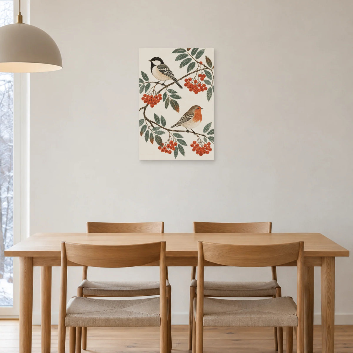 Affiche scandinave Oiseaux folk et baies de sorbier dans une salle à manger - Art Virtuoso