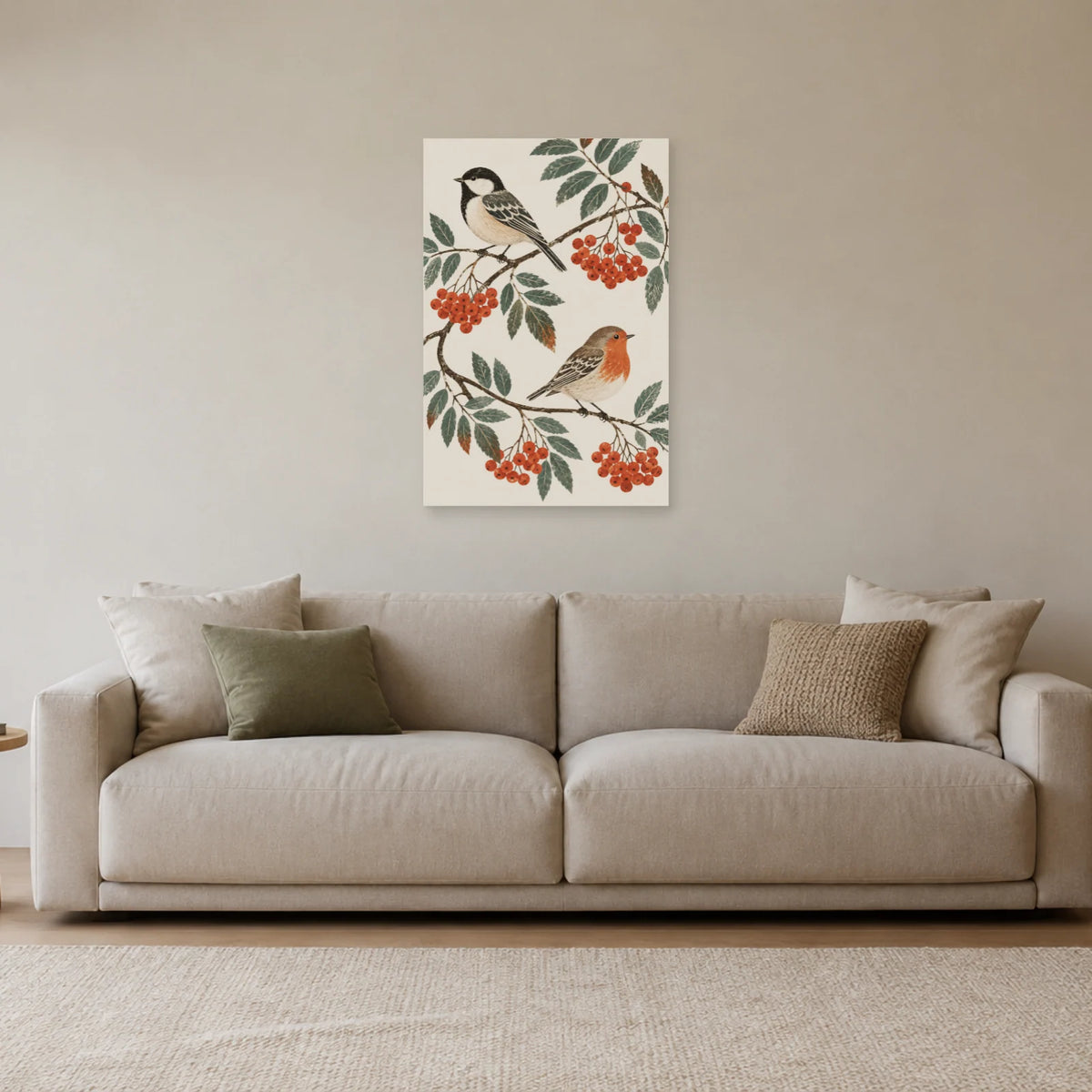 Affiche scandinave Oiseaux folk et baies de sorbier dans un salon - Art Virtuoso