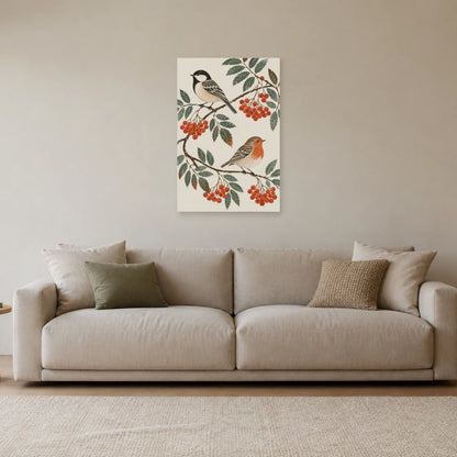 Affiche scandinave Oiseaux folk et baies de sorbier dans un salon - Art Virtuoso