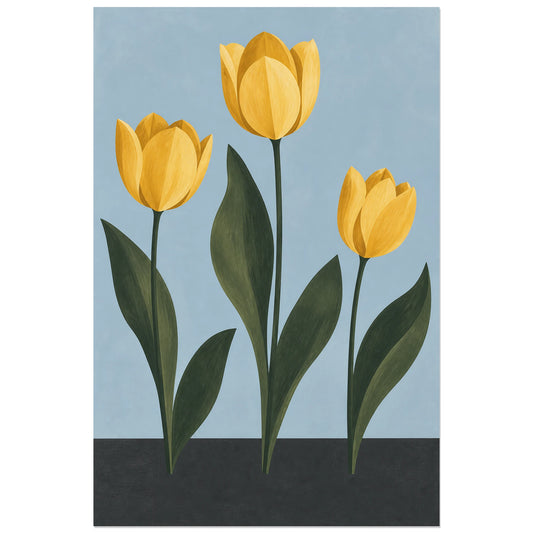 Affiche scandinave Tulipes jaune et charbon, gouache illustrative / graphisme nordique verticale, format 30 × 45 cm