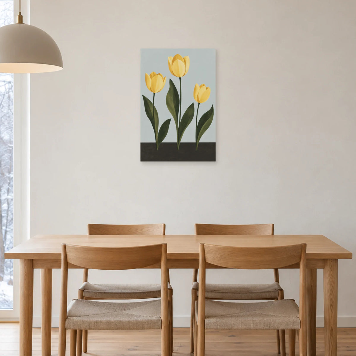 Affiche scandinave Tulipes jaune et charbon dans une salle à manger - Art Virtuoso