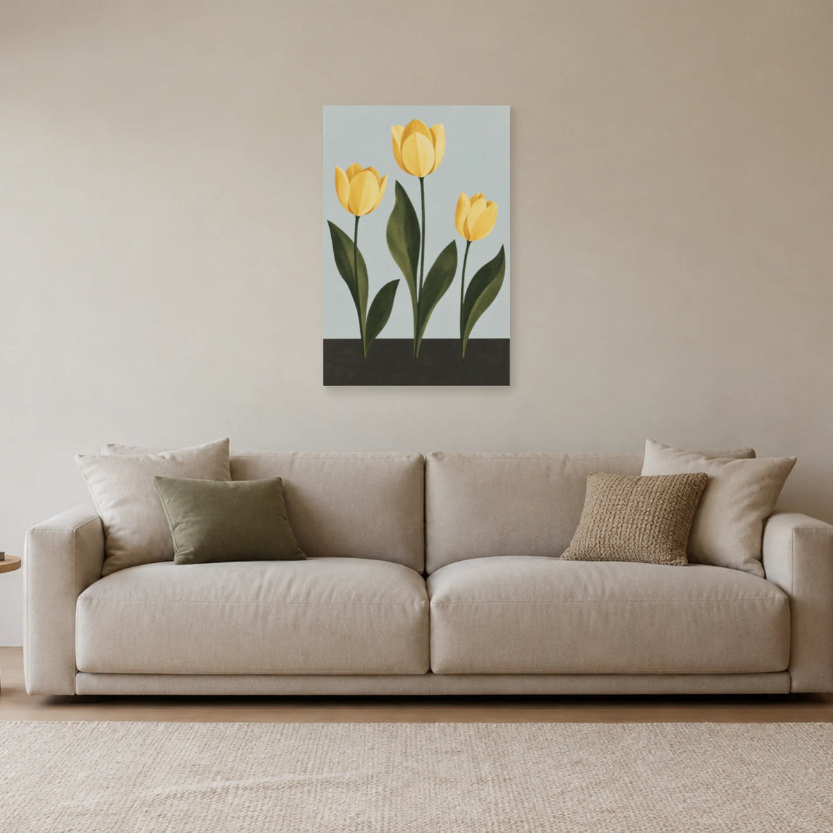 Affiche scandinave Tulipes jaune et charbon dans un salon - Art Virtuoso