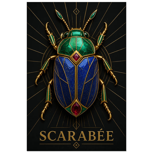 Affiche Scarabée bijou – Symétrie minérale, art déco contemporain / illustration joaillière verticale, format 30 × 45 cm