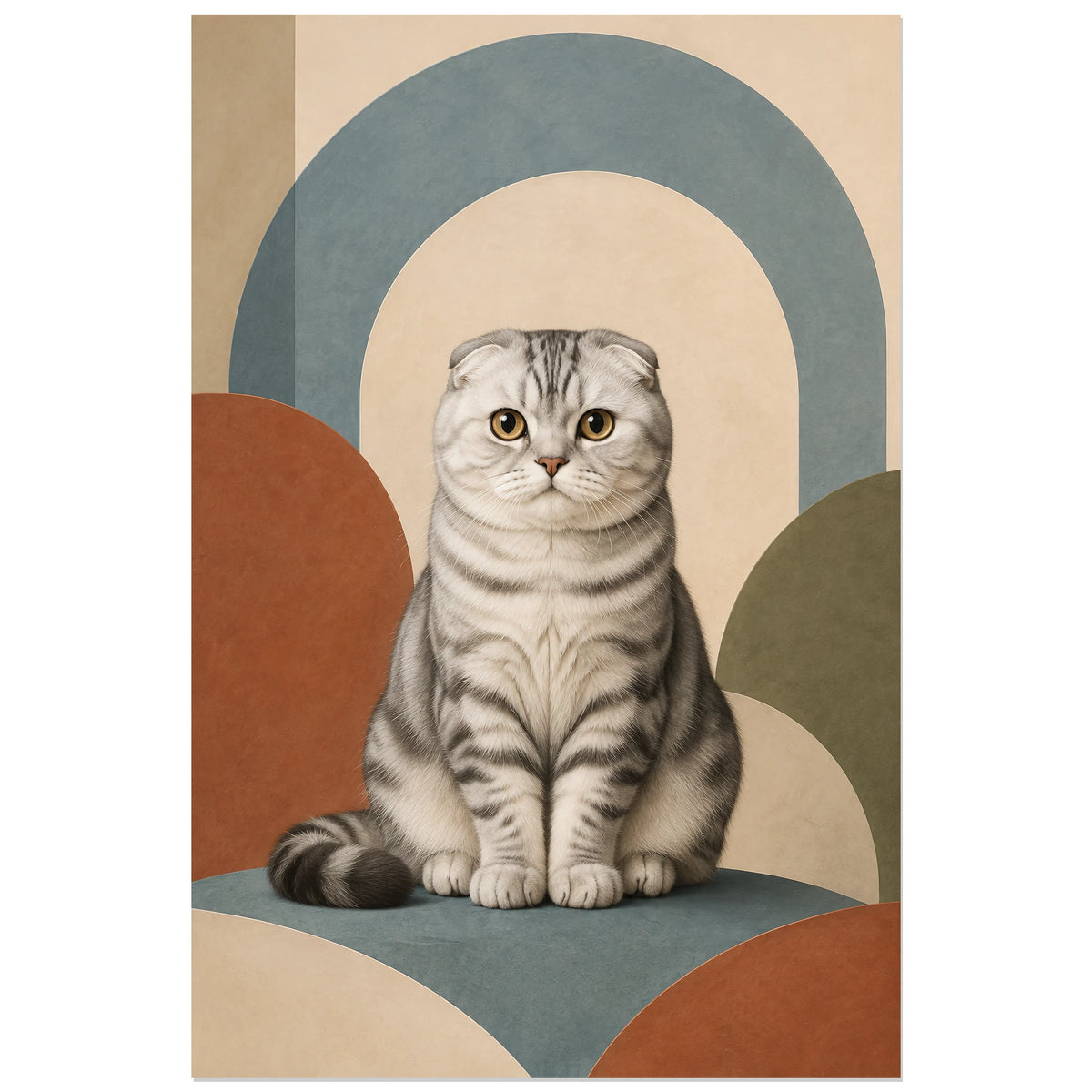 Affiche Scottish Fold – Géométrie douce, minimalisme graphique / géométrie rétro verticale, format 30 × 45 cm