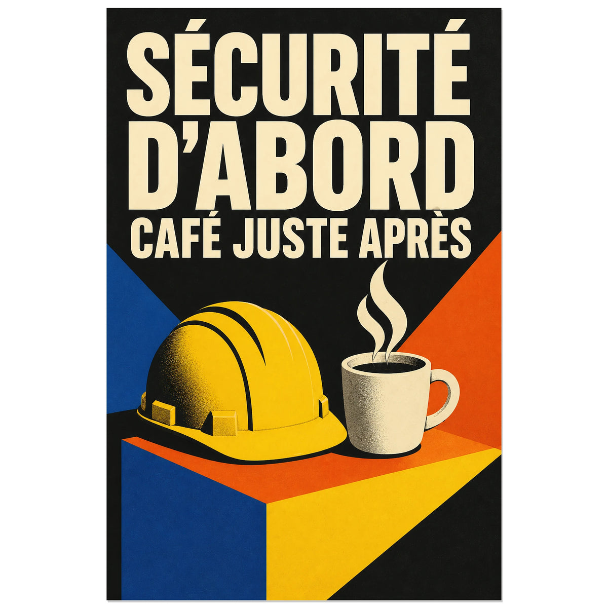 Affiche Sécurité d'abord – Café juste après, affiche moderniste à symboles de travail verticale, format 30 × 45 cm