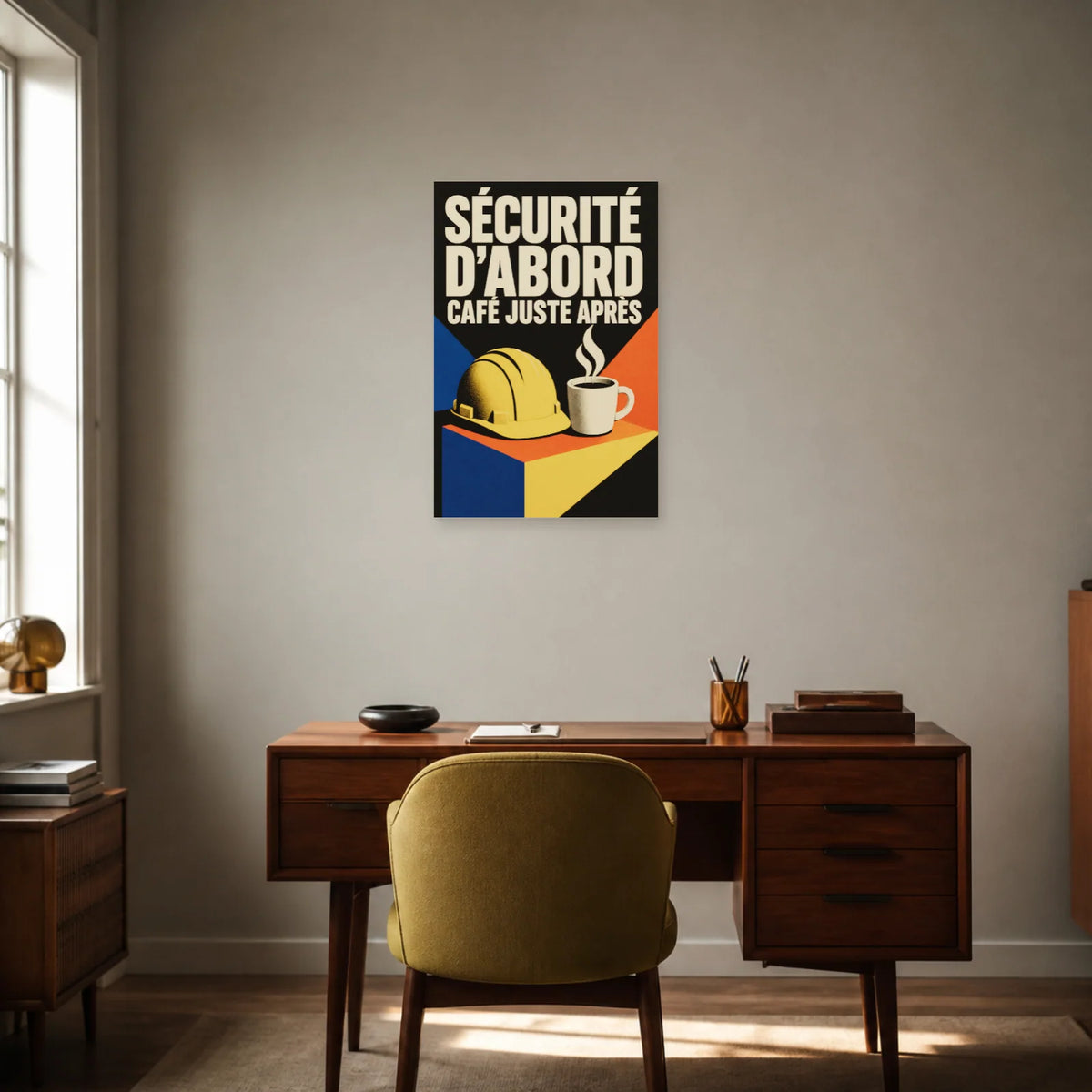 Affiche Sécurité d’abord – Café juste après dans un bureau - Art Virtuoso