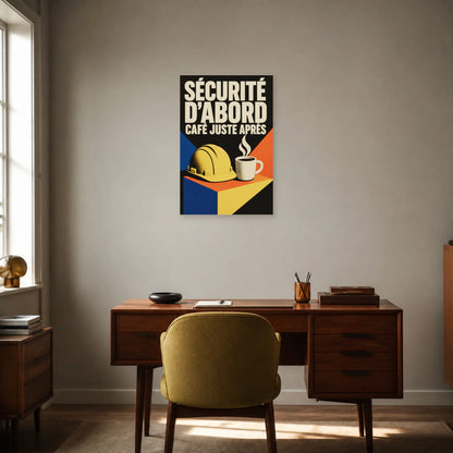 Affiche Sécurité d’abord – Café juste après dans un bureau - Art Virtuoso