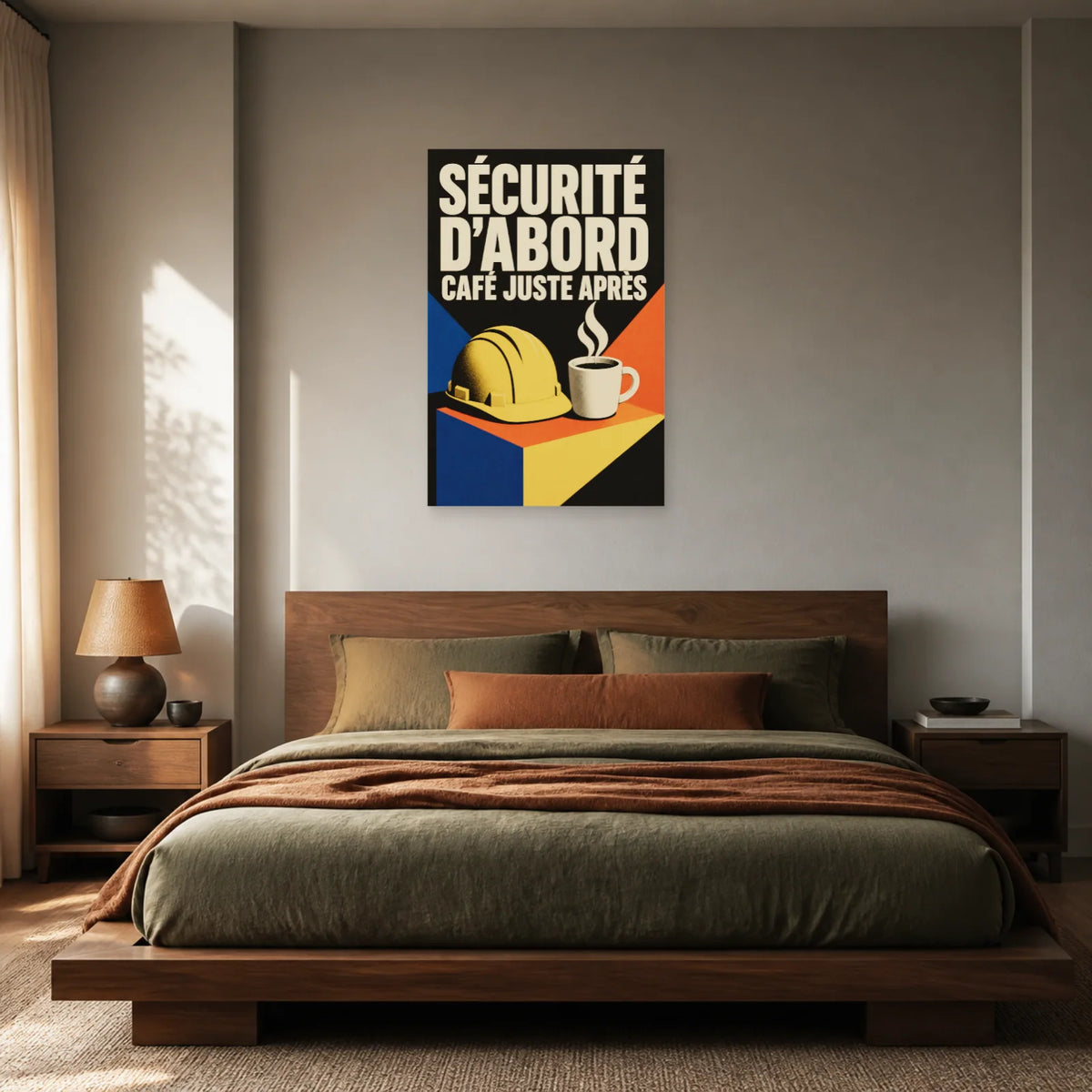 Affiche Sécurité d’abord – Café juste après dans une chambre - Art Virtuoso