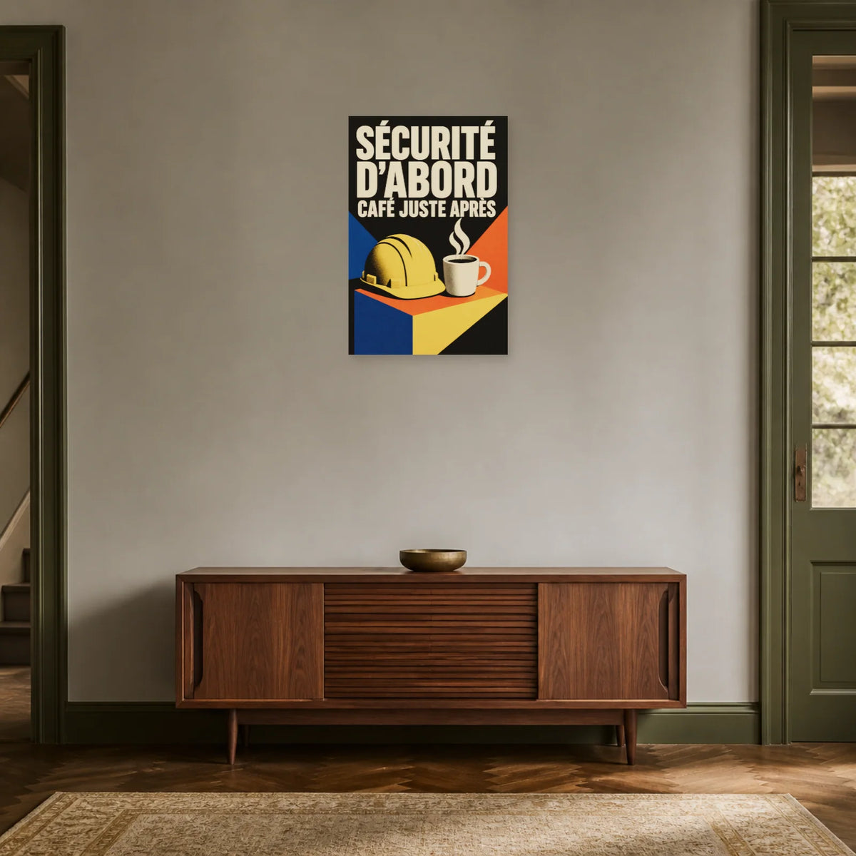 Affiche Sécurité d’abord – Café juste après dans une entrée ou un couloir - Art Virtuoso