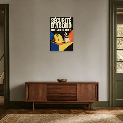 Affiche Sécurité d’abord – Café juste après dans une entrée ou un couloir - Art Virtuoso