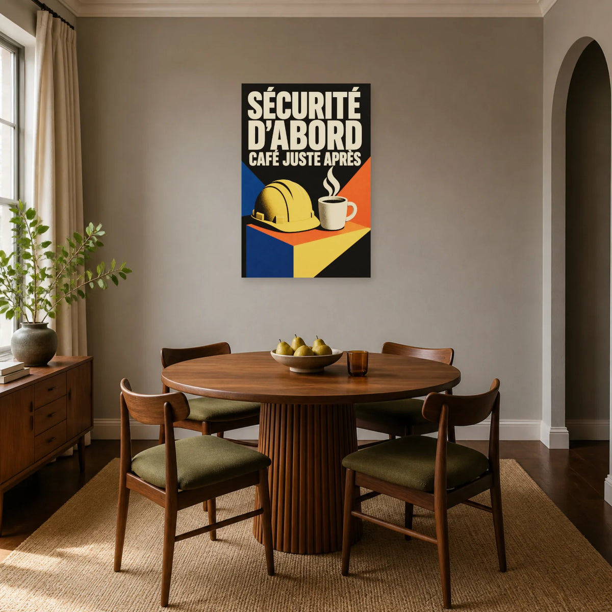 Affiche Sécurité d’abord – Café juste après dans une salle à manger - Art Virtuoso