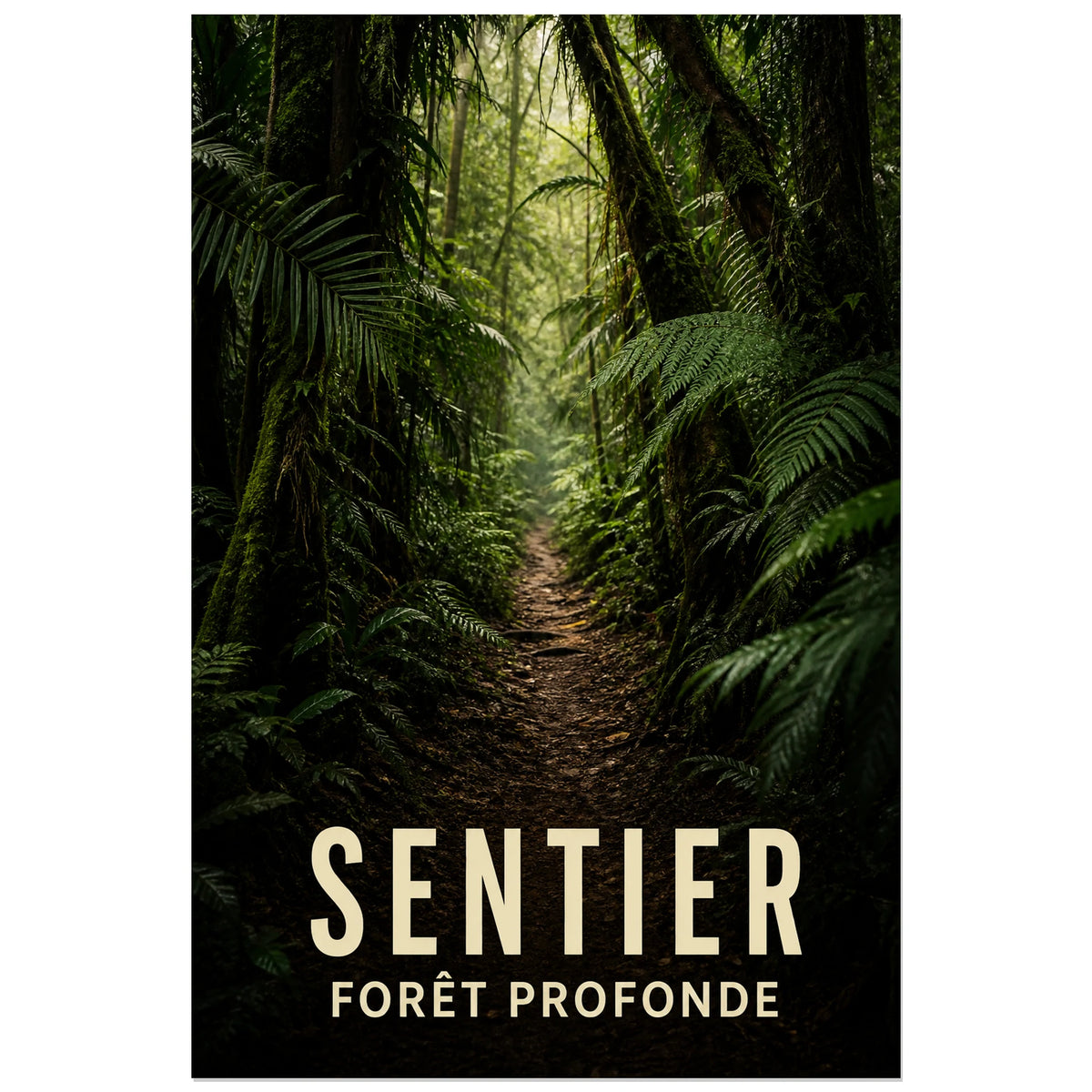 Affiche Sentier – Forêt profonde, photographie de sentier tropical immersive et naturaliste verticale, format 40 × 60 cm