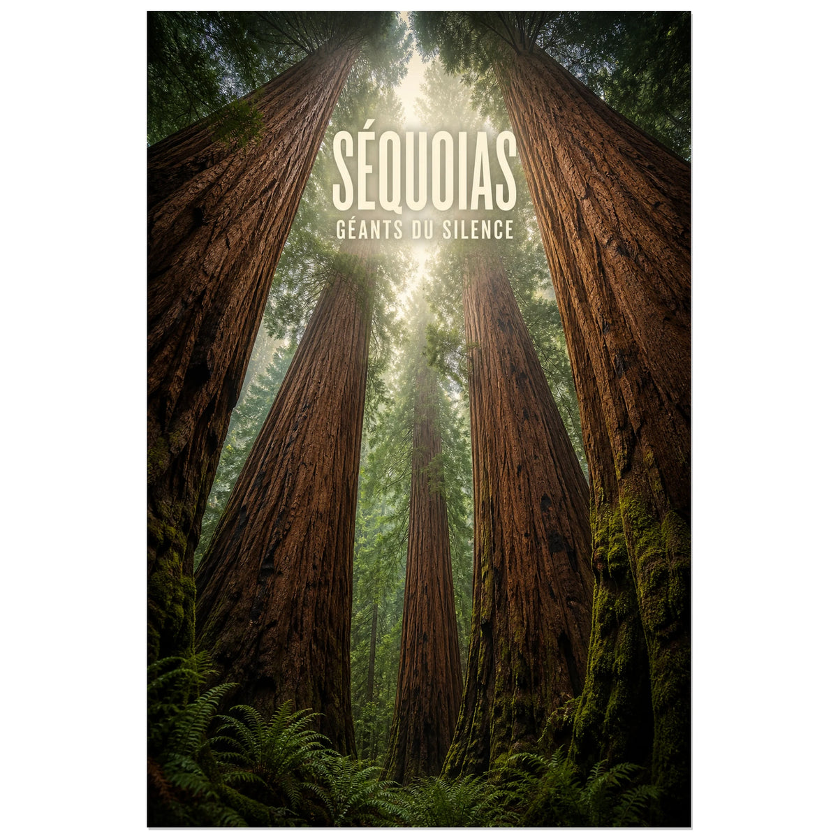 Affiche Séquoias – Géants du silence, photographie forestière monumentale en contre-plongée verticale, format 40 × 60 cm
