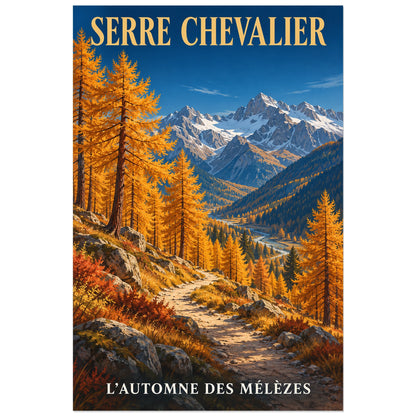 Affiche Serre Chevalier – Mélèzes d’automne, illustration peinte / affiche touristique néo-vintage verticale, format 30 × 45 cm