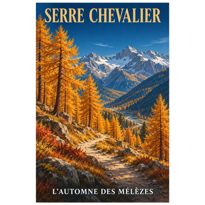 Affiche Serre Chevalier – Mélèzes d’automne, illustration peinte / affiche touristique néo-vintage verticale, format 40 × 60 cm