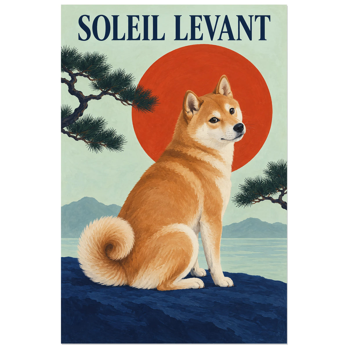 Affiche Shiba inu – Soleil levant, gouache figurative / inspiration japonaise verticale, format 40 × 60 cm