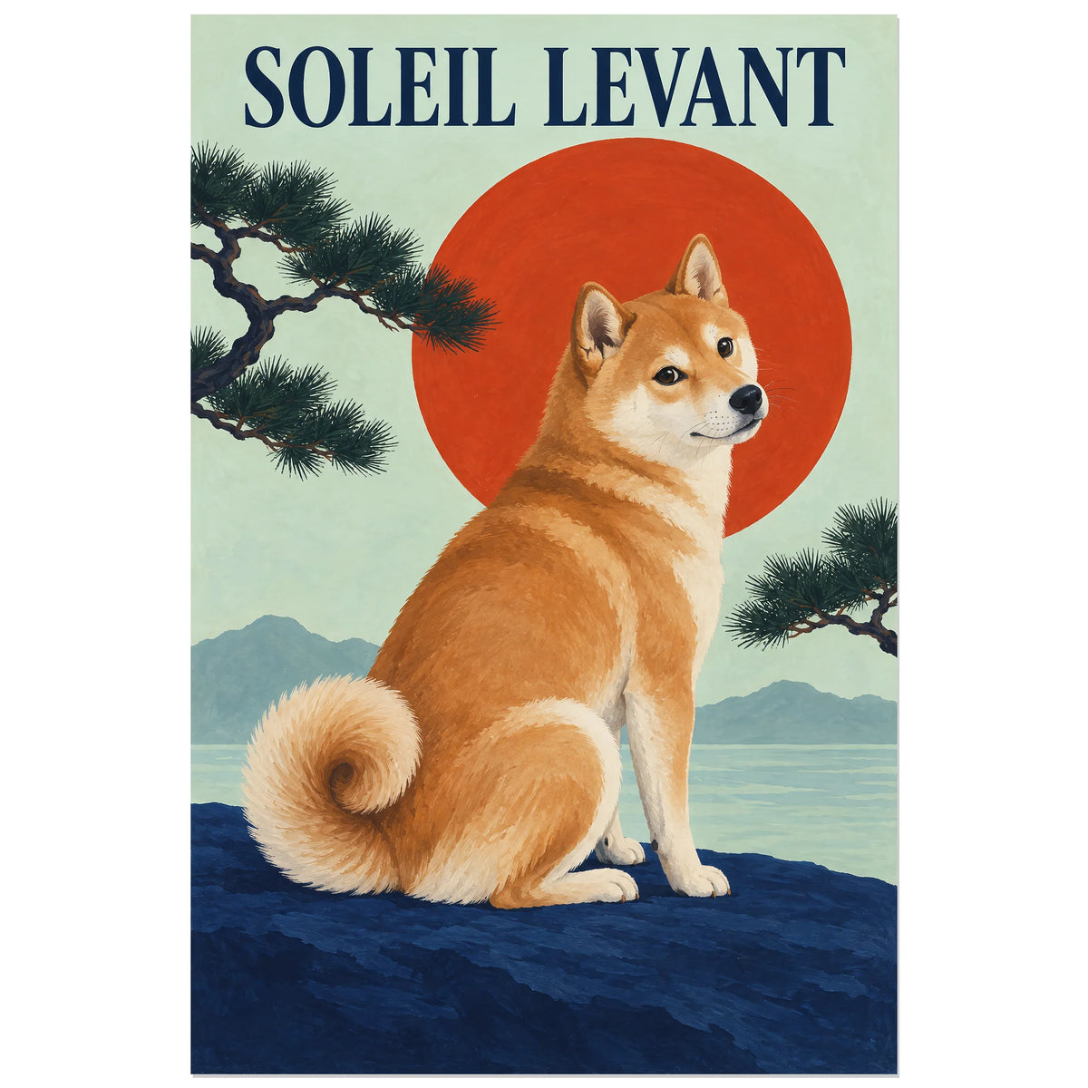 Affiche Shiba inu – Soleil levant, gouache figurative / inspiration japonaise verticale, format 60 × 90 cm
