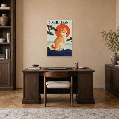 Affiche Shiba inu - Soleil levant dans un bureau - Art Virtuoso