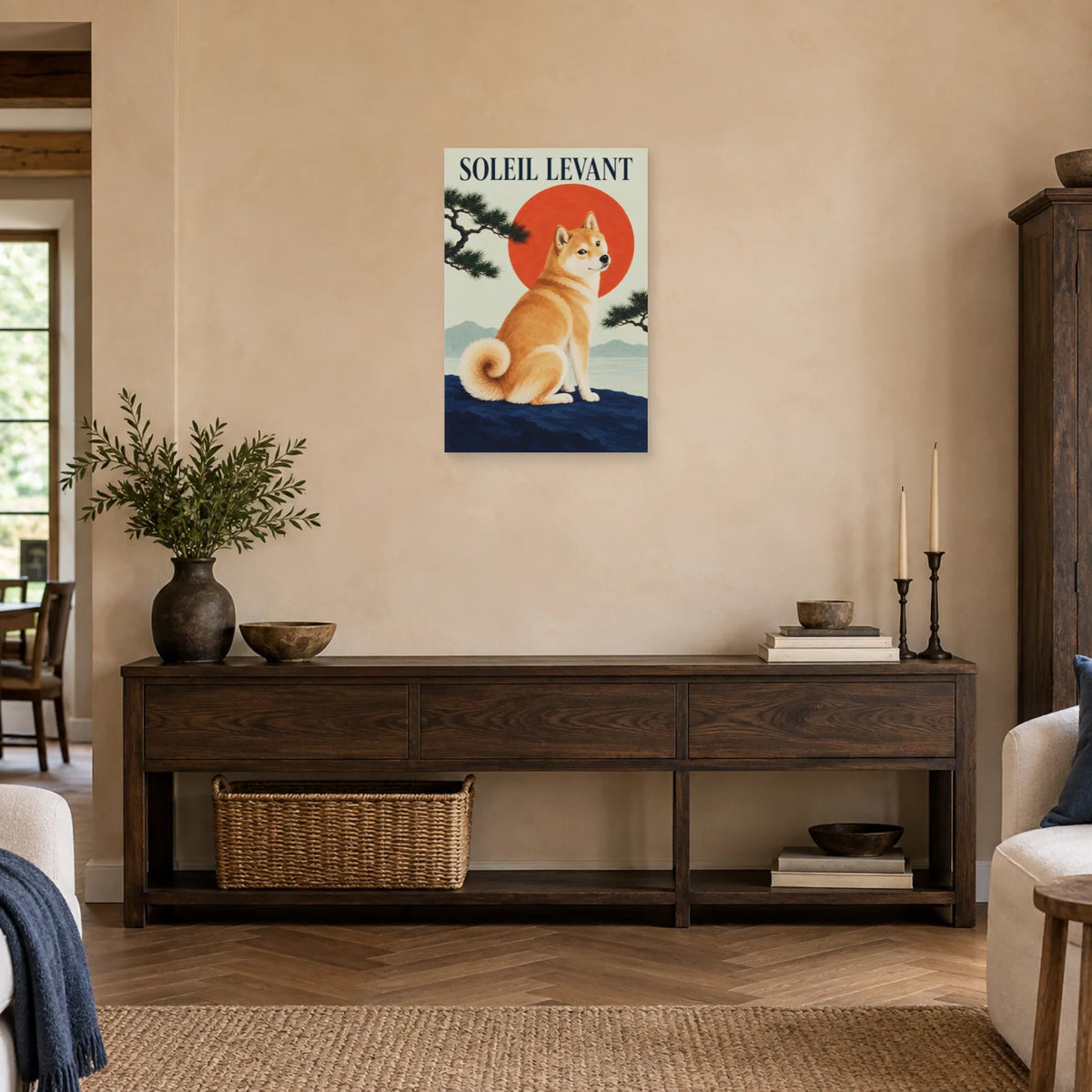 Affiche Shiba inu - Soleil levant dans une entrée ou un couloir - Art Virtuoso