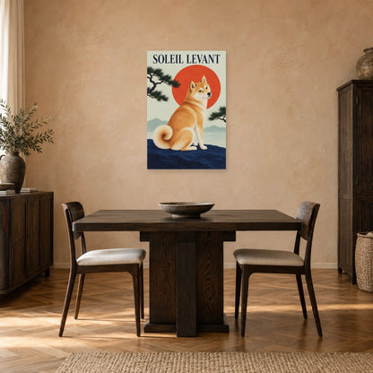 Affiche Shiba inu - Soleil levant dans une salle à manger - Art Virtuoso