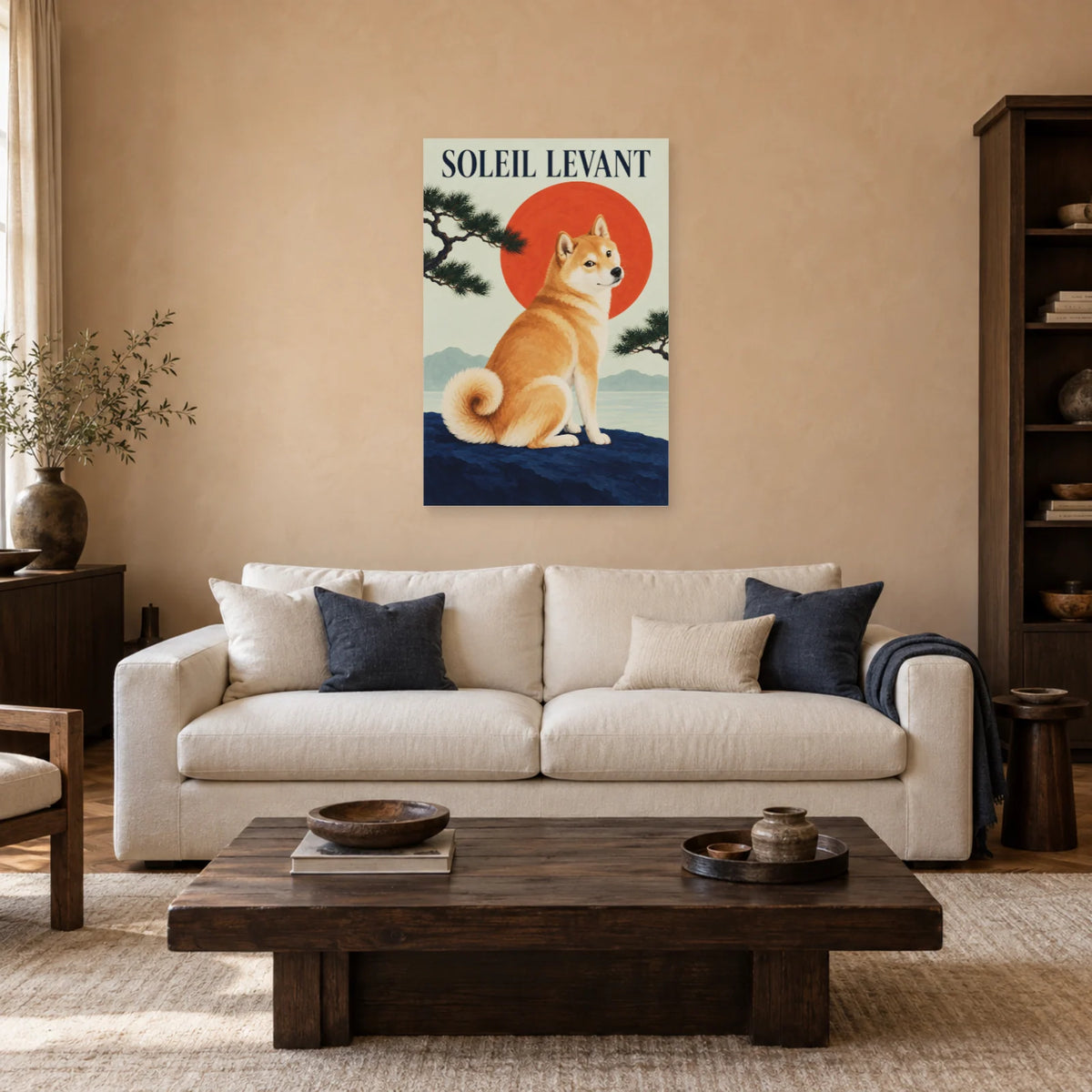 Affiche Shiba inu - Soleil levant dans un salon - Art Virtuoso
