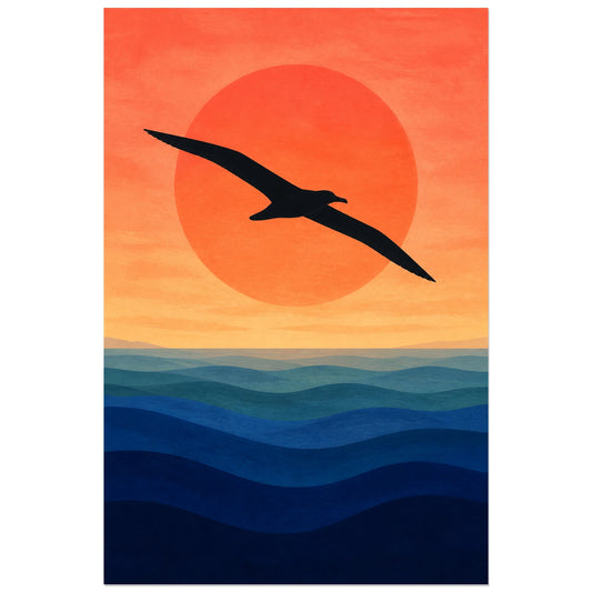 Affiche Silhouette d’albatros sur l’océan, affiche marine moderniste en gouache et aplats sérigraphiques verticale, format 30 × 45 cm