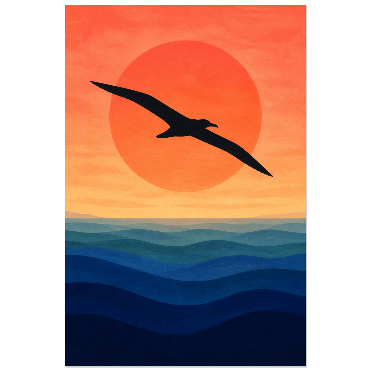 Affiche Silhouette d’albatros sur l’océan, affiche marine moderniste en gouache et aplats sérigraphiques verticale, format 40 × 60 cm
