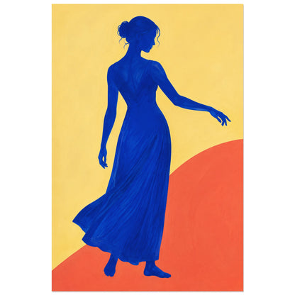 Femme en robe bleu cobalt sur fond jaune, affiche 30 × 45 cm
