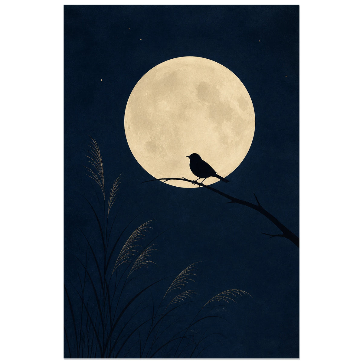 Affiche Silhouette d’oiseau sur une branche lunaire, sérigraphie minimaliste nocturne à composition asymétrique verticale, format 40 × 60 cm