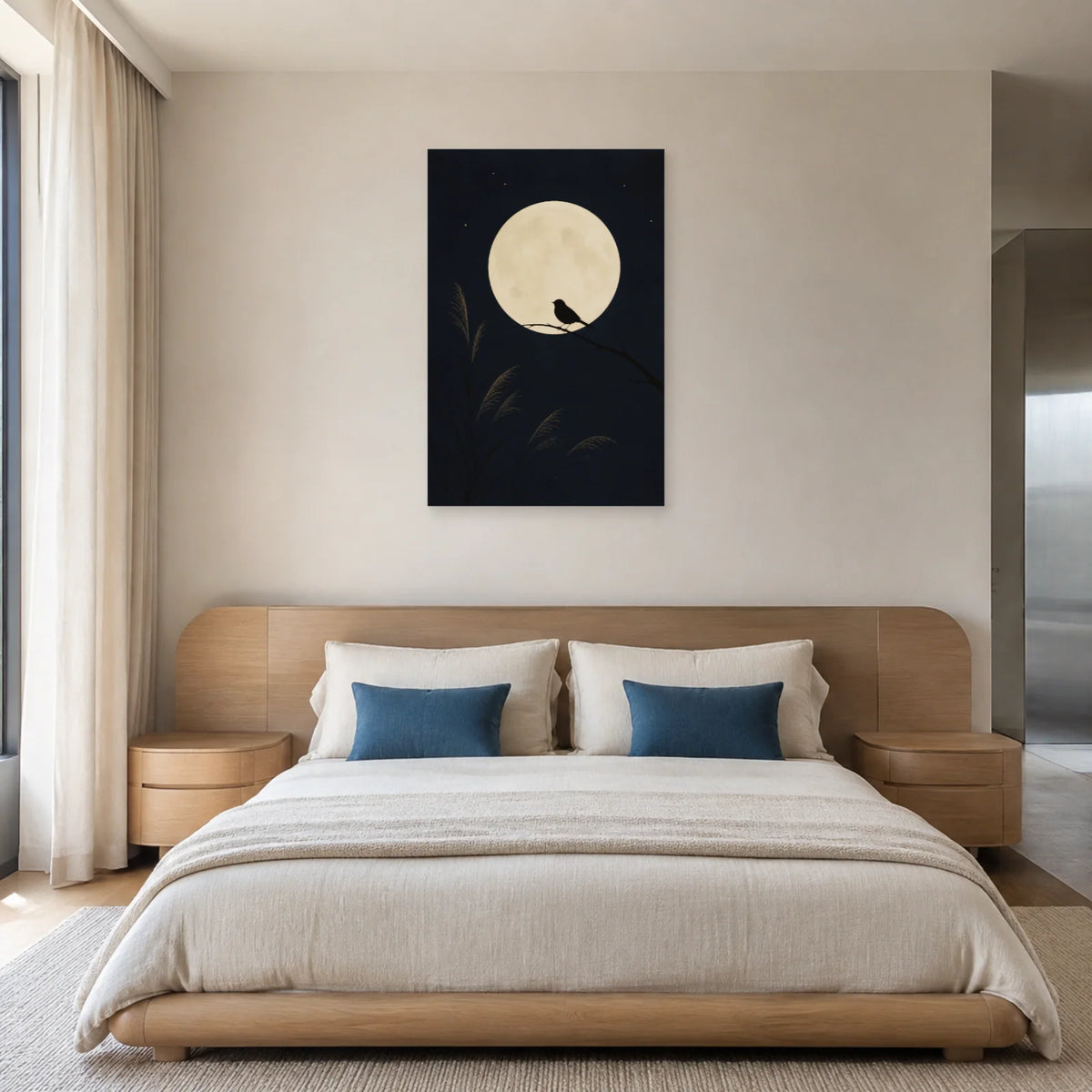 Affiche Silhouette d’oiseau sur une branche lunaire dans une chambre - Art Virtuoso