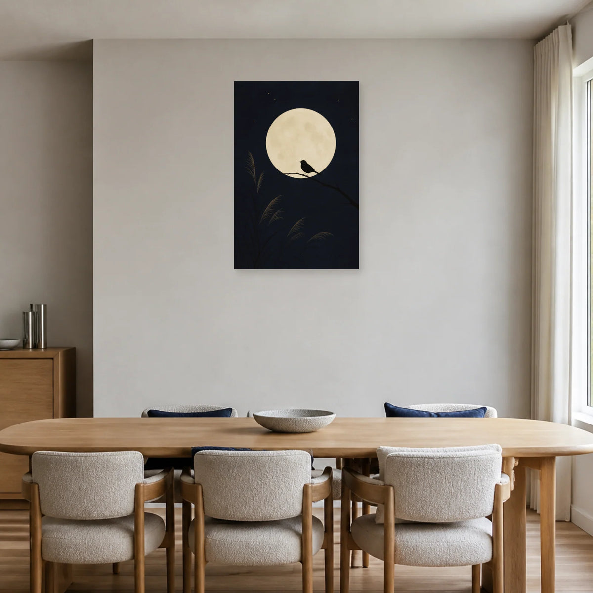 Affiche Silhouette d’oiseau sur une branche lunaire dans une salle à manger - Art Virtuoso