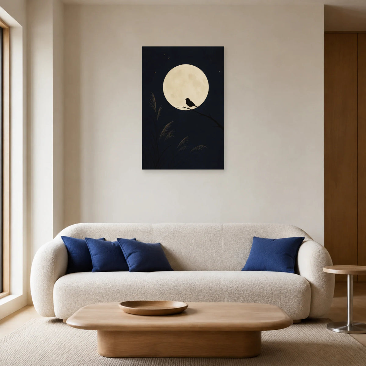 Affiche Silhouette d’oiseau sur une branche lunaire dans un salon - Art Virtuoso