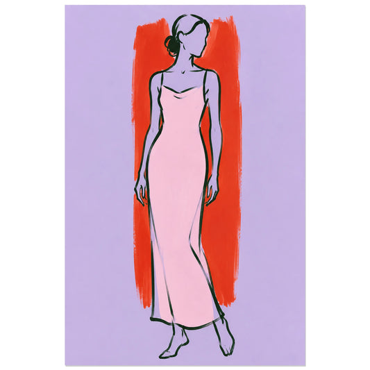 Silhouette en robe rose et aplat vermillon, affiche 30 × 45 cm