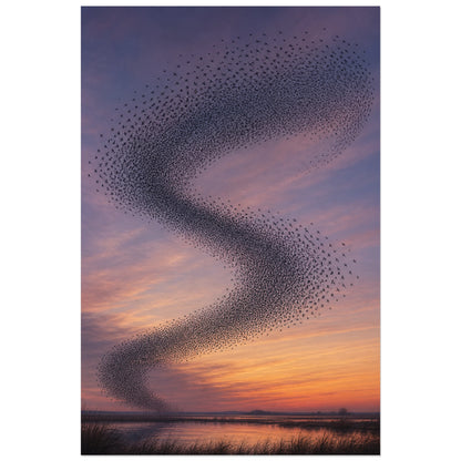 Affiche Murmuration d’étourneaux au crépuscule, photographie d’art atmosphérique à murmuration graphique verticale, format 30 × 45 cm