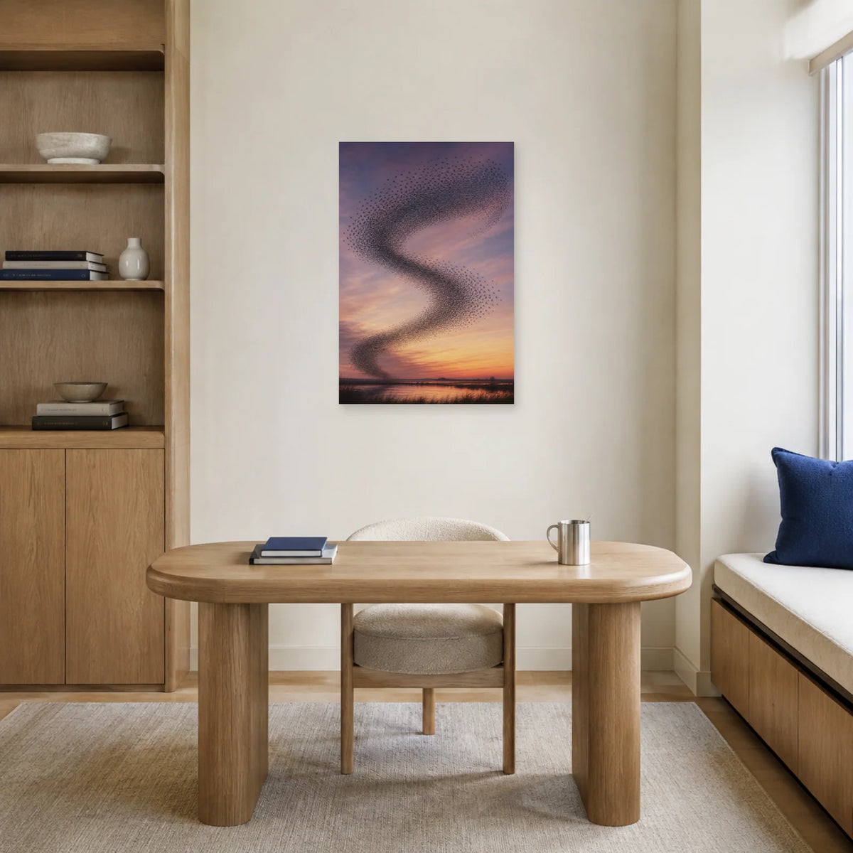 Affiche Murmuration d’étourneaux au crépuscule dans un bureau - Art Virtuoso