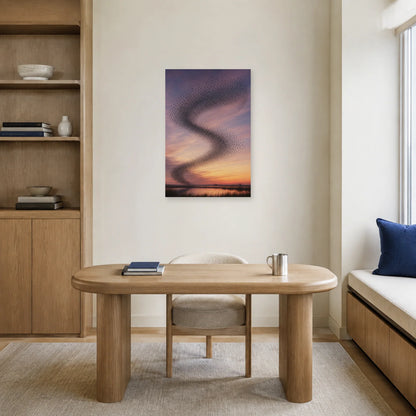 Affiche Murmuration d’étourneaux au crépuscule dans un bureau - Art Virtuoso